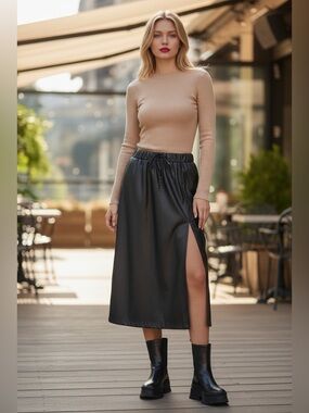 Elan Black Faux Leather Midi Skirt with Side Slit